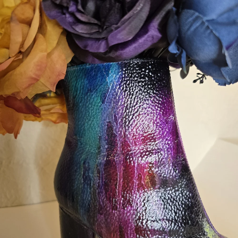 HANDCRAFTED Upcycled Leather Boot Vase Artwork HANDPAINTED Tabletop Art Decoe